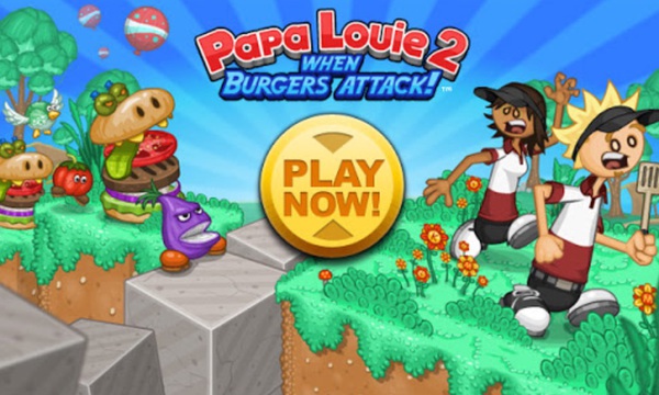 Papa Louie 2: When Burgers Attack Unblocked is a free online food fight tower defense game where you battle endless monster burgers attacking from both sides using chefs with quirky fighting moves and unlockable weapons. Tap and drag to position your character, then select icons to activate attacks like tomato tosses.